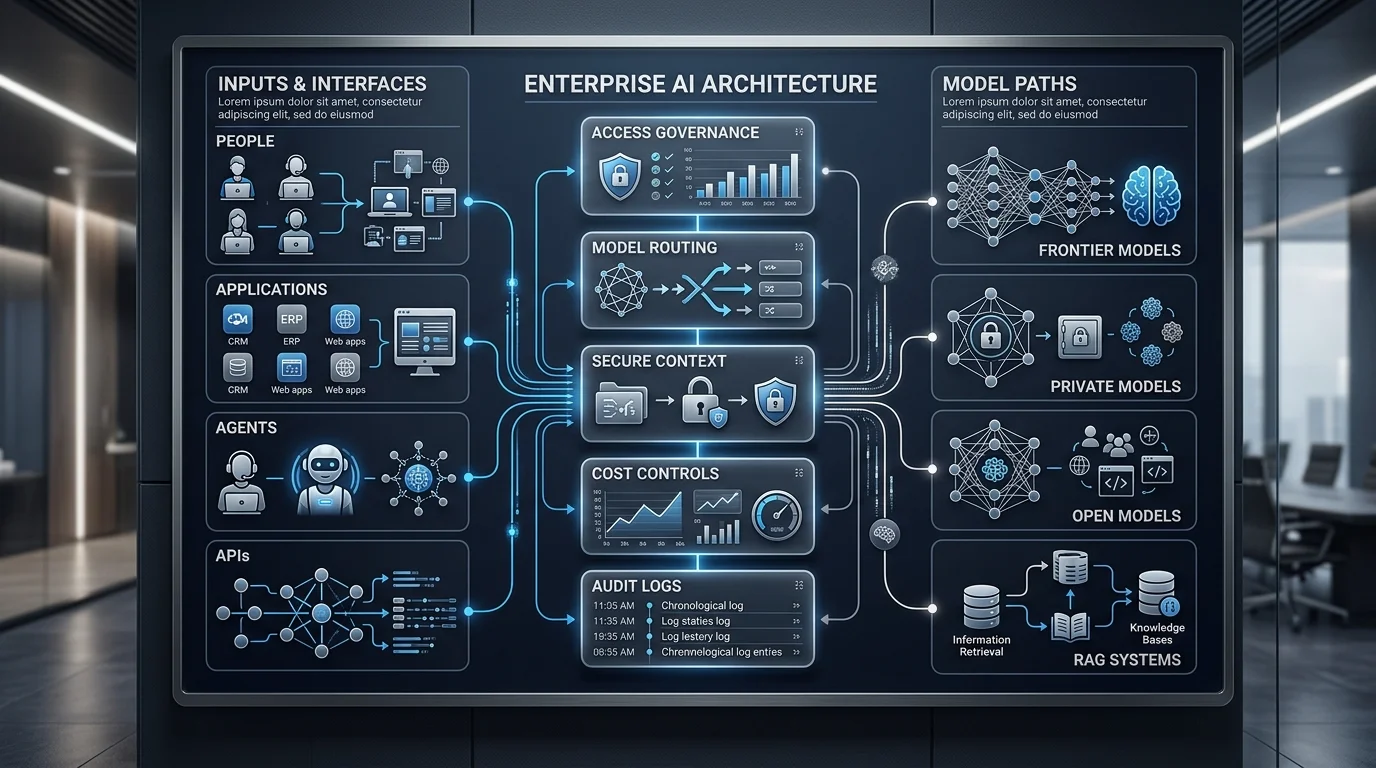 AI operating layer routing enterprise users, tools, models, and data through governance controls