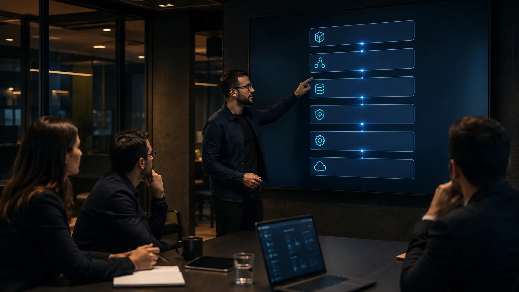 Engineer presenting a six-layer AI agent control plane reference architecture to colleagues.