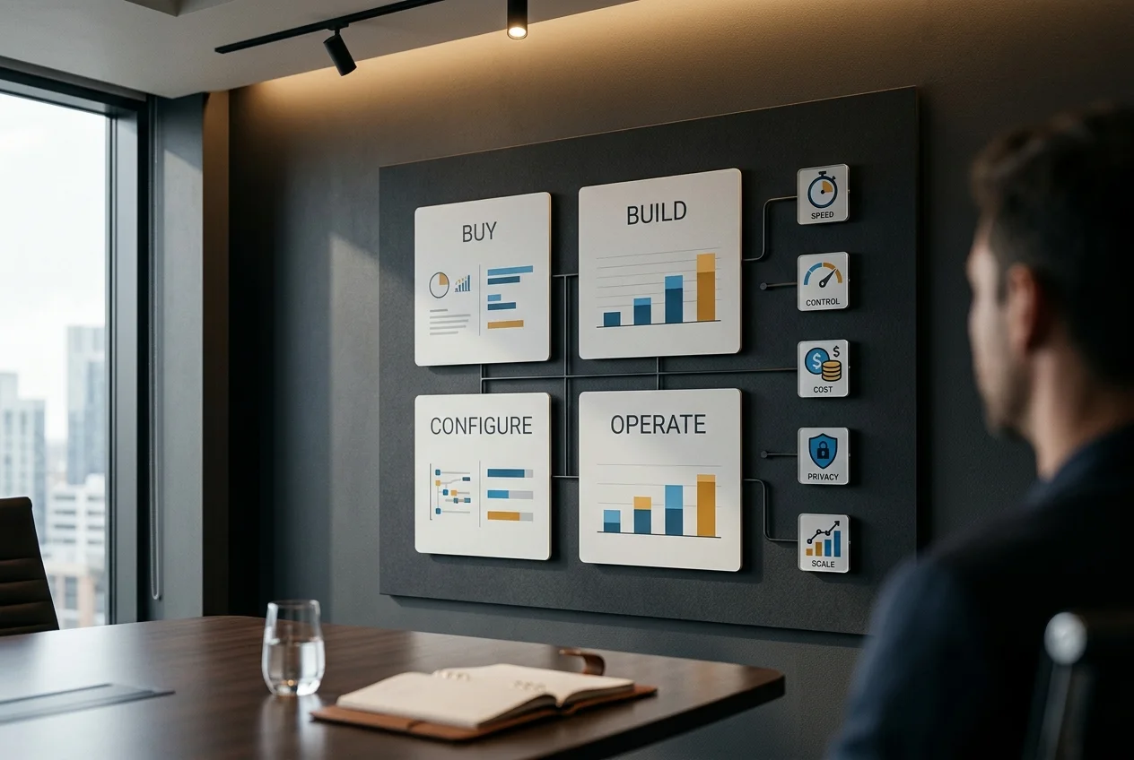 Enterprise AI decision matrix showing buy, build, configure, and operate paths