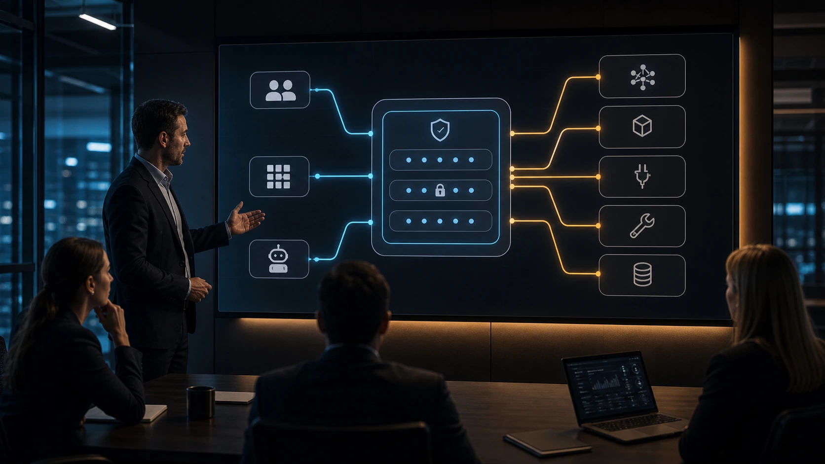 Enterprise AI control plane connecting employees, applications, AI agents, models, tools, and data through a governed operating layer.