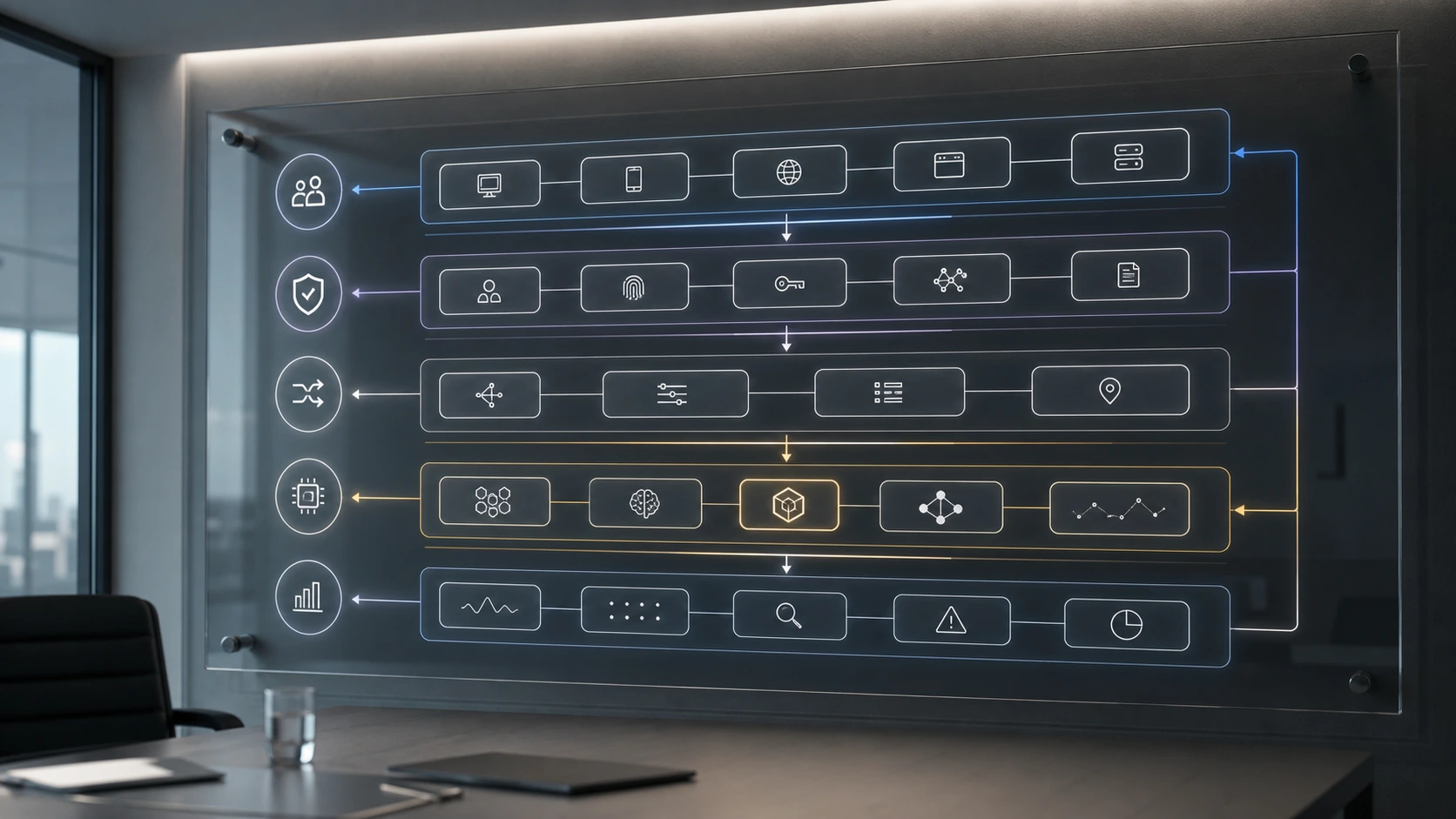 Layered AI control plane architecture showing demand, identity, routing, execution, and observability layers.