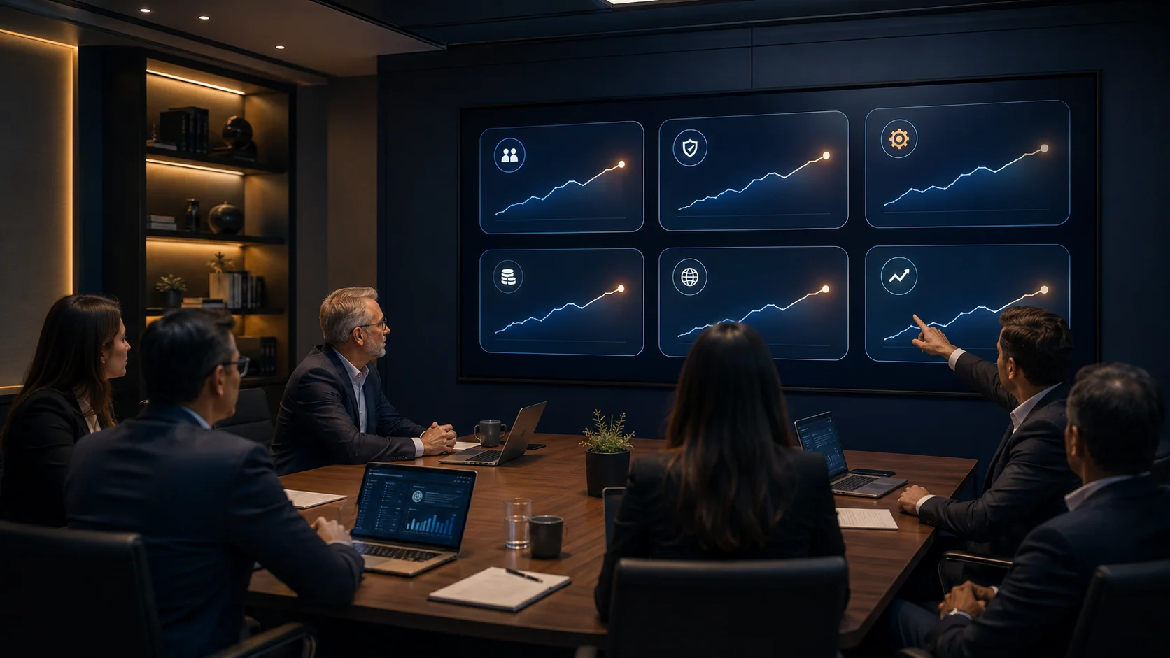 Executives reviewing an AI control plane operational metrics dashboard in a meeting.