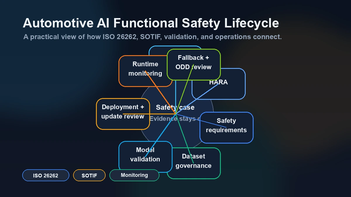 Automotive AI functional safety lifecycle with HARA, dataset governance, model validation, fallback review, deployment review, and runtime monitoring.