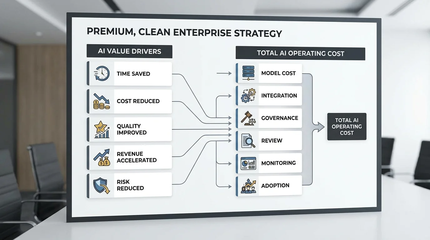 Enterprise AI ROI formula showing value drivers and operating cost categories