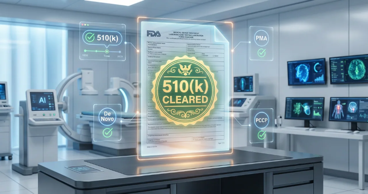 Decision framework for 510(k), De Novo, PMA, and PCCP pathways for AI medical devices.